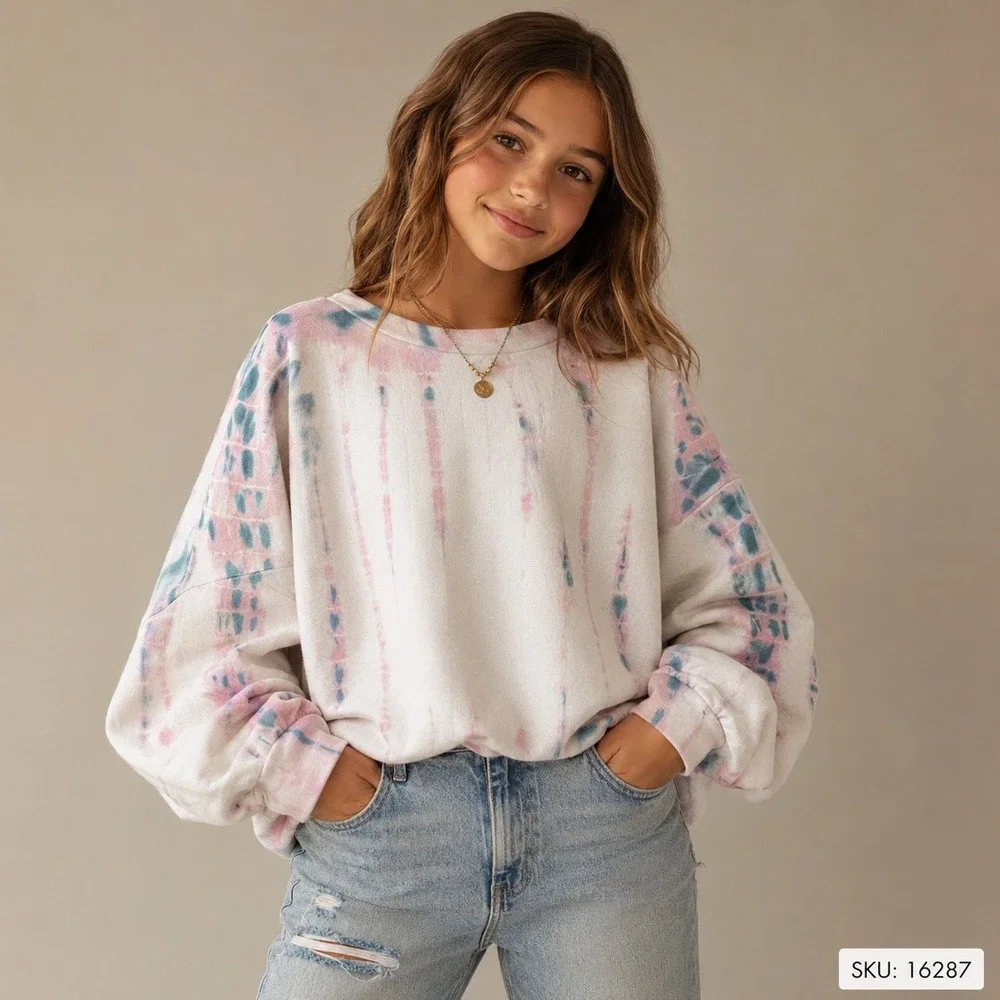 Old Navy Girls Pink Blue Tie Dye Oversized Fleece Pullover Sweatshirt M 16287